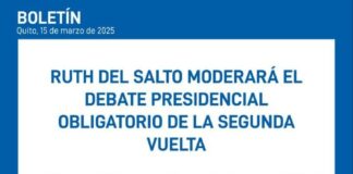 El Pleno del Consejo Nacional Electoral (CNE), este 15 de marzo, designó a Ruth del Salto como moderadora del Debate Presidencial Obligatorio, correspondiente a la Segunda Vuelta de las Elecciones Generales 2025.