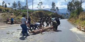 La tensión que se vivía en las carreteras de la Sierra Central tuvo una respuesta por parte del personal de la Brigada de Caballería Blindada N.┬║ 11 Galápagos del Ejército Ecuatoriano, que se desplegó en varios cantones de Chimborazo y Bolívar para retirar escombros, habilitar el paso vehicular y reforzar la seguridad tras los cierres temporales que mantenían en vilo a transportistas y moradores.
